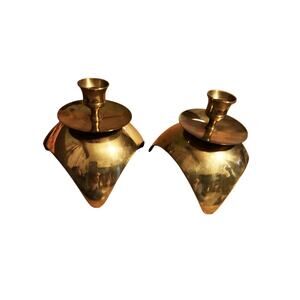Vintage Pair of MCM Brass 3 Point Candlestick Holders Minimalist Decor